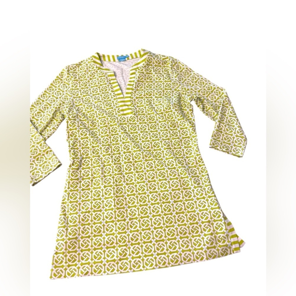 J. McLaughlin Boca Catalina Cloth Green/White Print Tunic Top Sz M